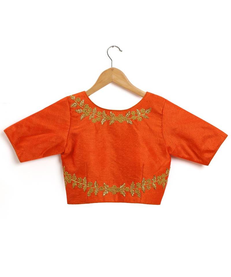 Orange Semi Stitched Raw Silk Blouse With Hand Work