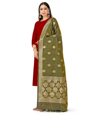 Women'S  Olive Banarasi Art Silk Dupatta 2