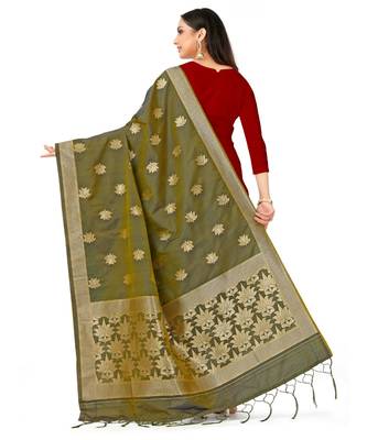 Women'S  Olive Banarasi Art Silk Dupatta 3