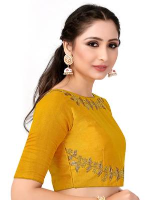 Mustard Semi Stitched Raw Silk Blouse With Hand Work 1