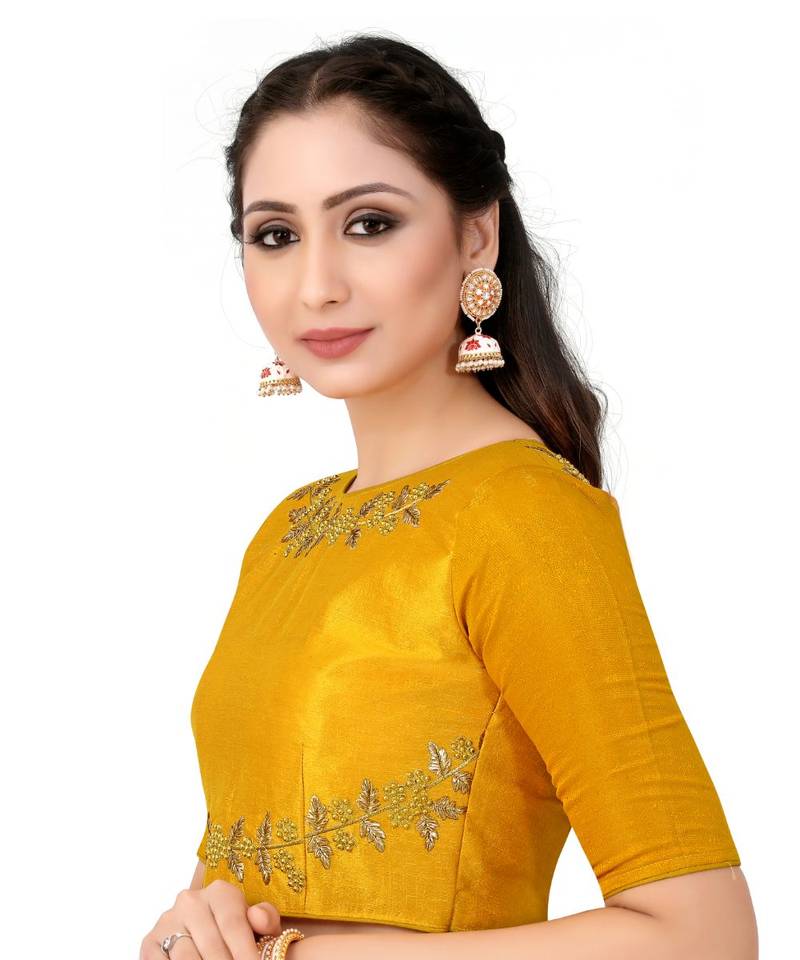 Mustard Semi Stitched Raw Silk Blouse With Hand Work