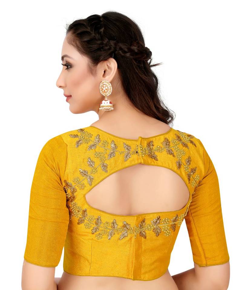 Mustard Semi Stitched Raw Silk Blouse With Hand Work
