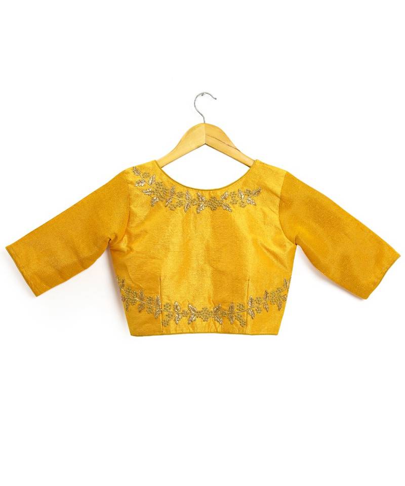 Mustard Semi Stitched Raw Silk Blouse With Hand Work