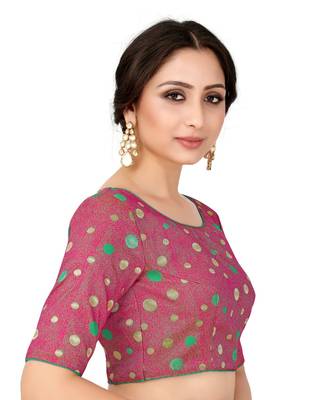 Pink Semi Stitched Art Silk Blouse With Woven With Zari All Over 1