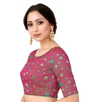 Pink Semi Stitched Art Silk Blouse With Woven With Zari All Over 2