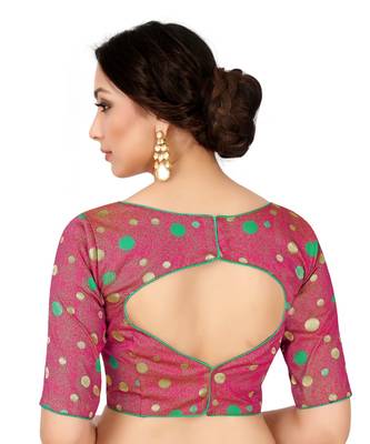 Pink Semi Stitched Art Silk Blouse With Woven With Zari All Over 3