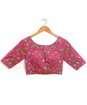 Pink Semi Stitched Art Silk Blouse With Woven With Zari All Over 4