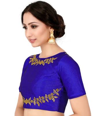 Blue Semi Stitched Raw Silk Blouse With Hand Work 2