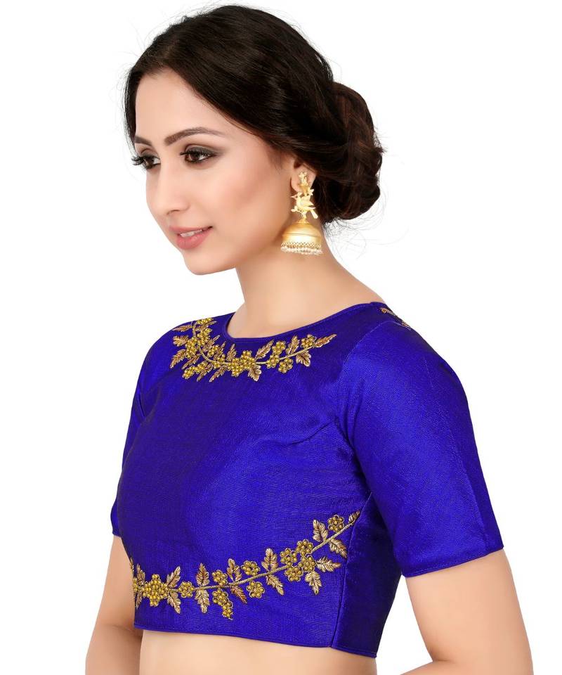 Blue Semi Stitched Raw Silk Blouse With Hand Work