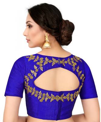 Blue Semi Stitched Raw Silk Blouse With Hand Work 3