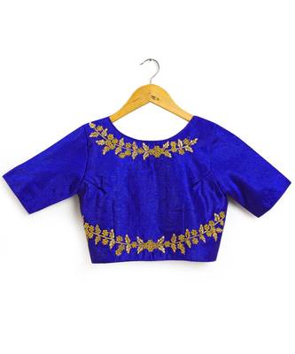 Blue Semi Stitched Raw Silk Blouse With Hand Work 4