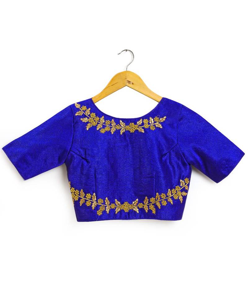 Blue Semi Stitched Raw Silk Blouse With Hand Work