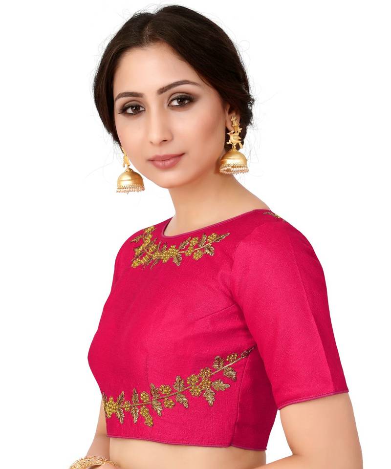 Pink Semi Stitched Raw Silk Blouse With Hand Work