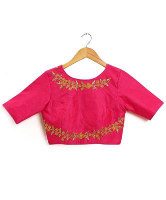 Pink Semi Stitched Raw Silk Blouse With Hand Work 4