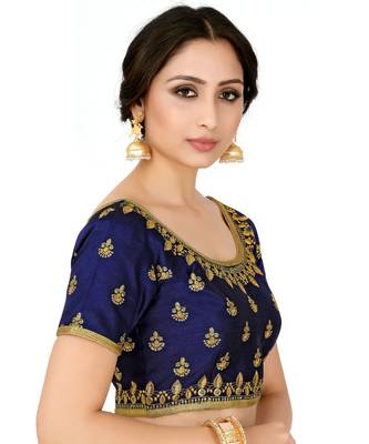 Navy Blue Semi Stitched Raw Silk Blouse With Hand Work 1