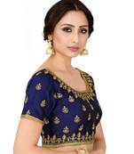 Navy Blue Semi Stitched Raw Silk Blouse With Hand Work