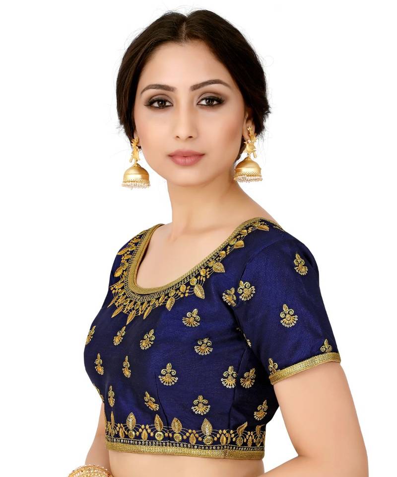 Navy Blue Semi Stitched Raw Silk Blouse With Hand Work