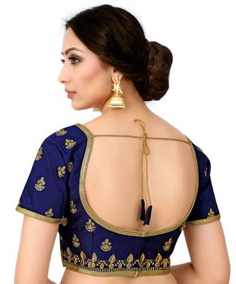 Navy Blue Semi Stitched Raw Silk Blouse With Hand Work 3