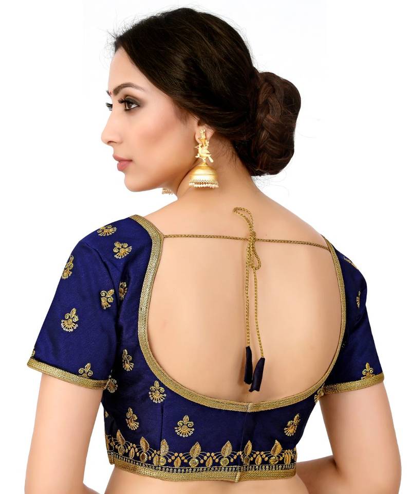 Navy Blue Semi Stitched Raw Silk Blouse With Hand Work