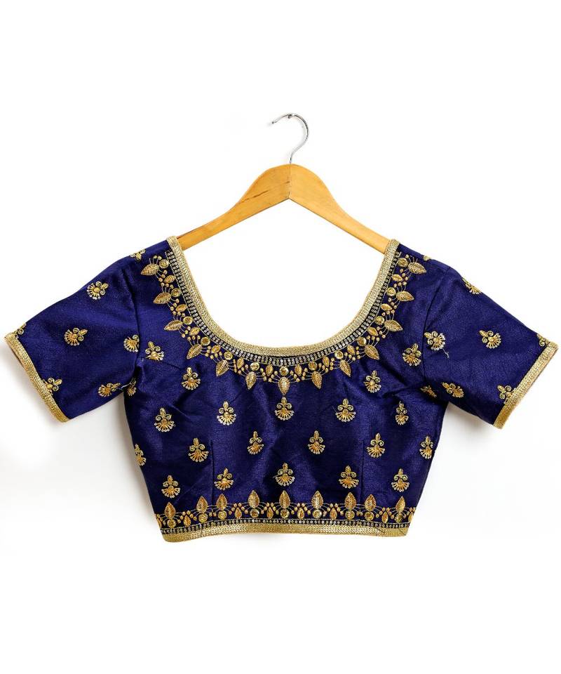Navy Blue Semi Stitched Raw Silk Blouse With Hand Work