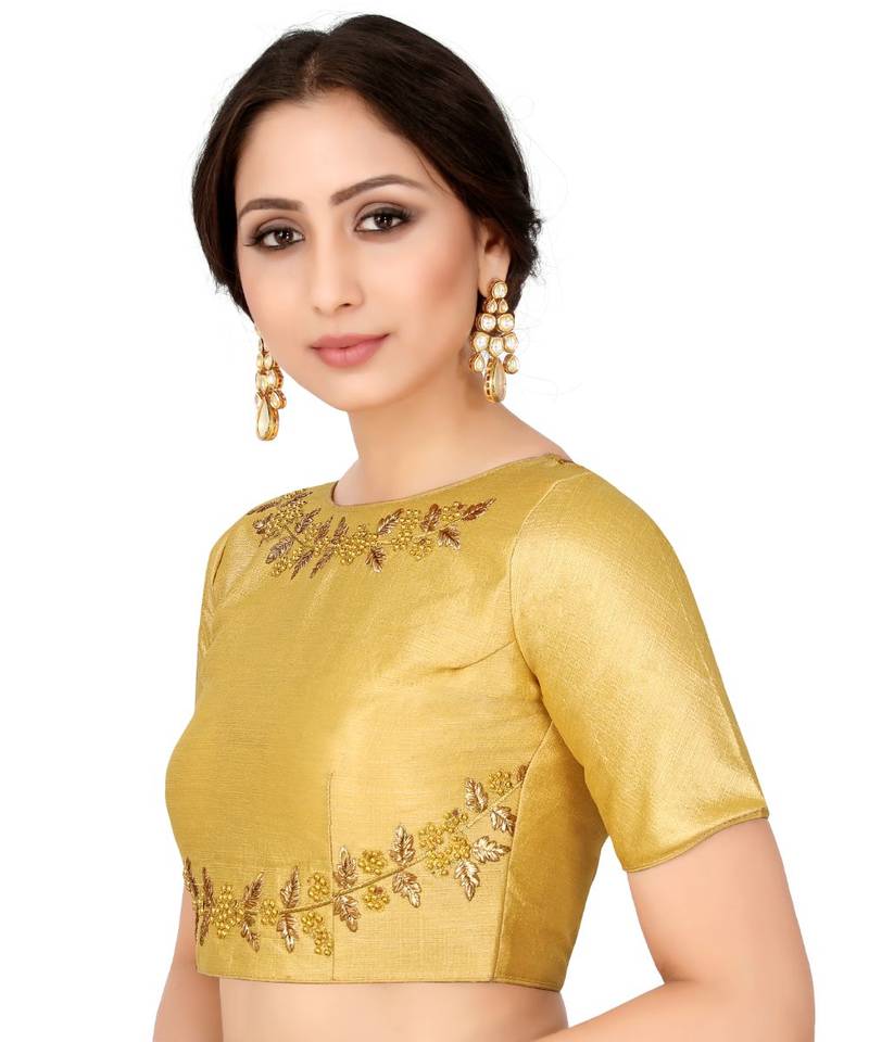 Yellow Semi Stitched Raw Silk Blouse With Hand Work