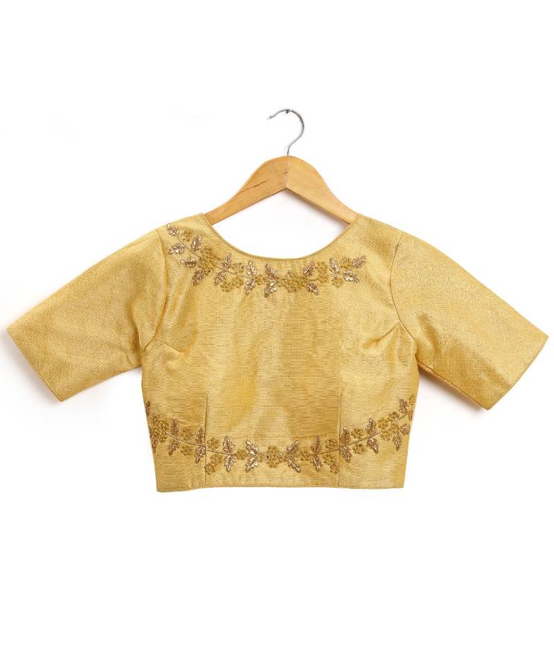 Yellow Semi Stitched Raw Silk Blouse With Hand Work
