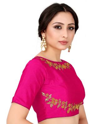 Pink Semi Stitched Raw Silk Blouse With Hand Work 1