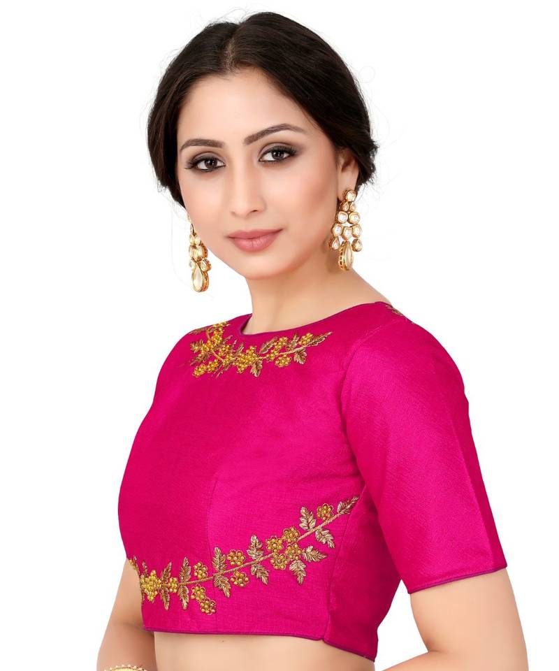 Pink Semi Stitched Raw Silk Blouse With Hand Work