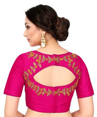 Pink Semi Stitched Raw Silk Blouse With Hand Work 3