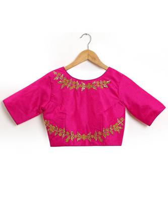 Pink Semi Stitched Raw Silk Blouse With Hand Work 4