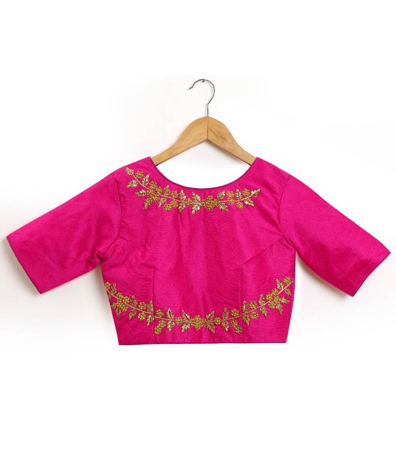 Pink Semi Stitched Raw Silk Blouse With Hand Work