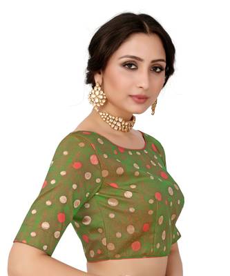 Green Semi Stitched Art Silkblouse With Woven With Zari All Over 1