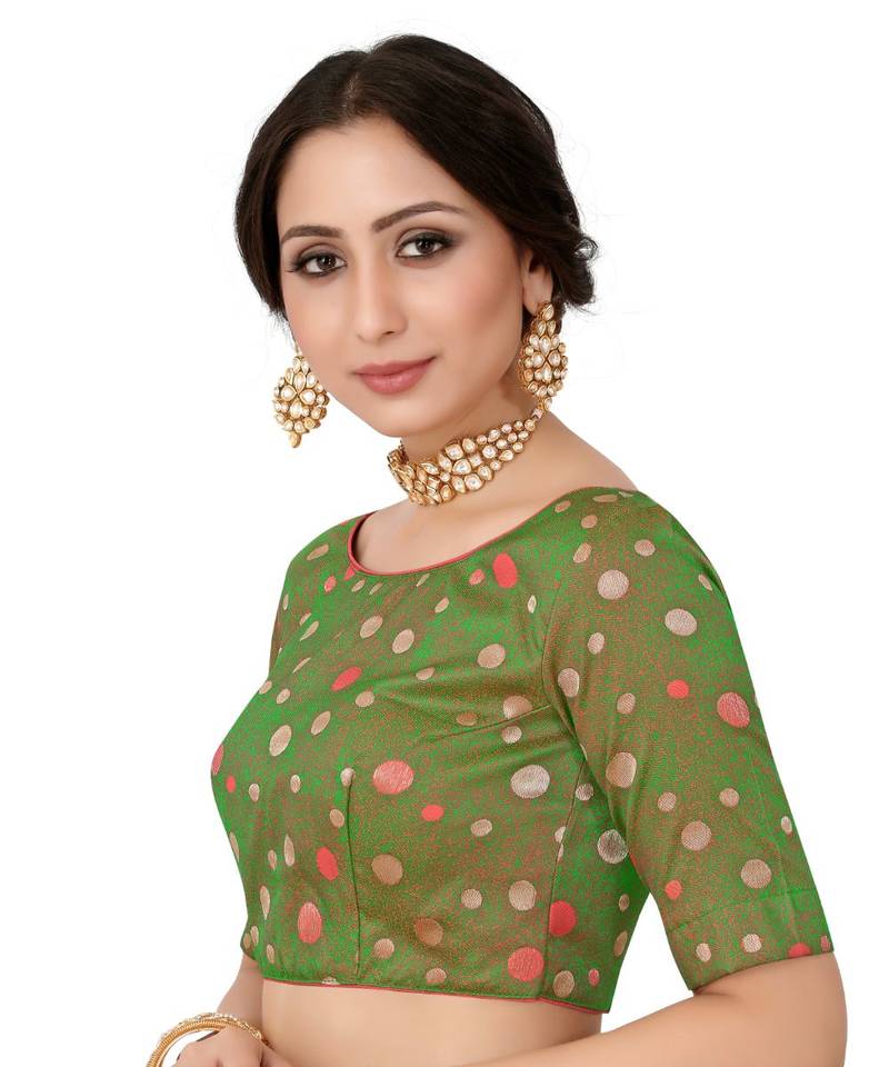 Green Semi Stitched Art Silkblouse With Woven With Zari All Over