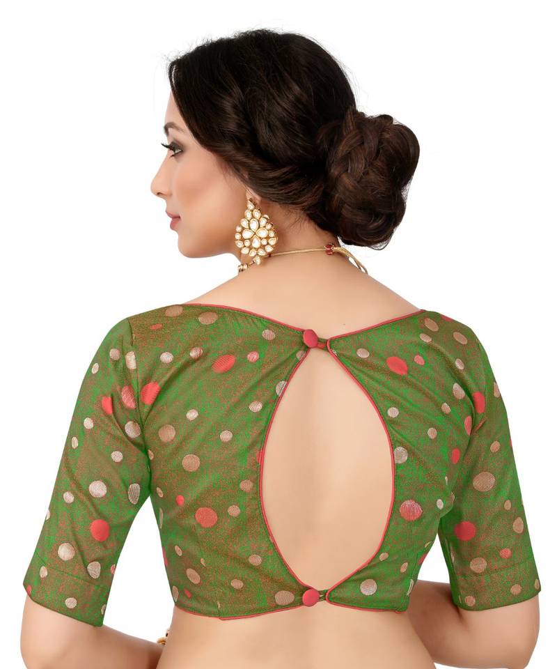 Green Semi Stitched Art Silkblouse With Woven With Zari All Over