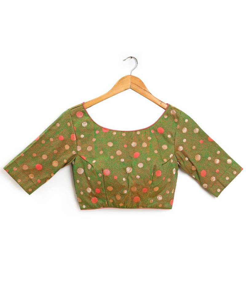 Green Semi Stitched Art Silkblouse With Woven With Zari All Over