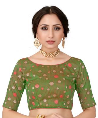 Green Semi Stitched Raw Silk Blouse With Hand Work 1