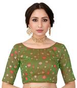 Green Semi Stitched Raw Silk Blouse With Hand Work