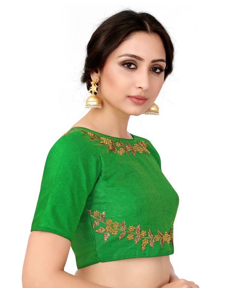 Green Semi Stitched Raw Silk Blouse With Hand Work
