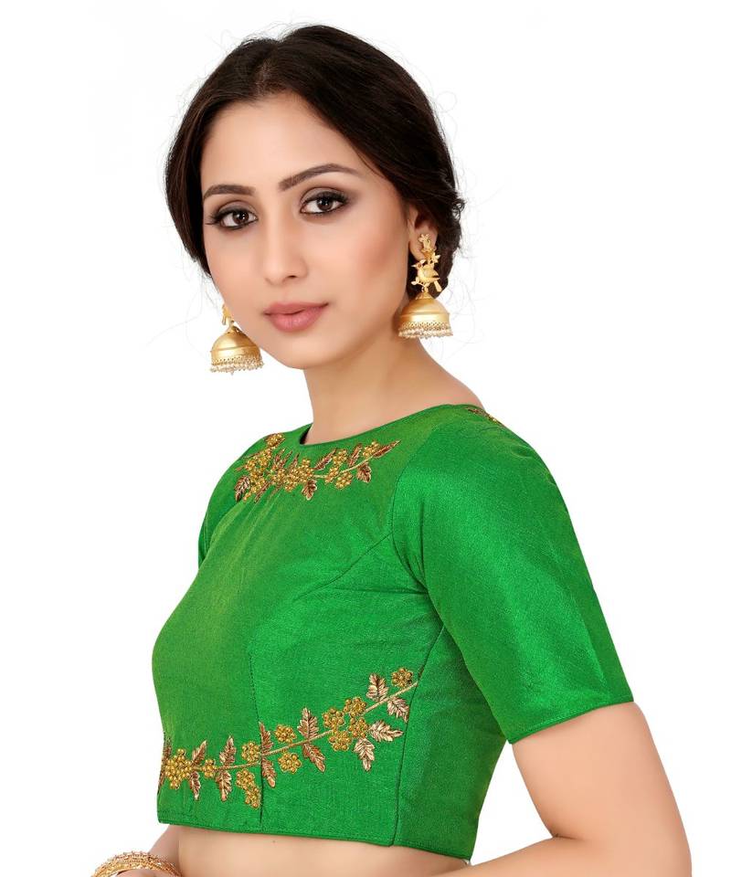 Green Semi Stitched Raw Silk Blouse With Hand Work
