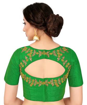 Green Semi Stitched Raw Silk Blouse With Hand Work 4