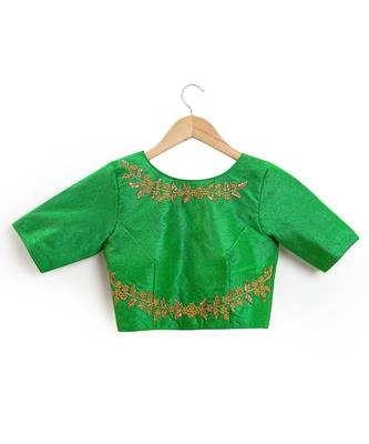 Green Semi Stitched Raw Silk Blouse With Hand Work 5