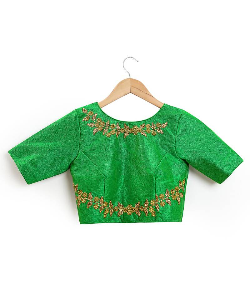 Green Semi Stitched Raw Silk Blouse With Hand Work