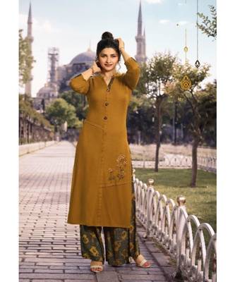 Mustard Embellished Printed Party Wear Kurti 1