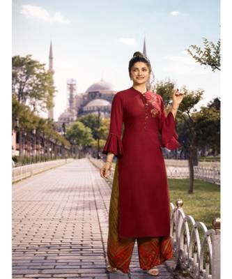 Red Embellished Printed Party Wear Kurti 1