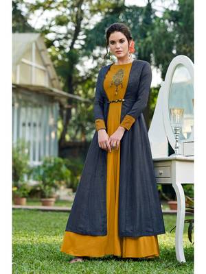 Mustard Embellished Printed Party Wear Kurti 1