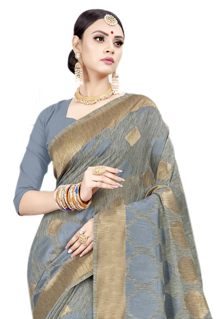 Women's Cotton Silk Grey Woven Design Designer Saree With Blouse Piece