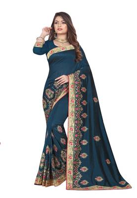 Teal Embroidered Silk Saree With Blouse 1