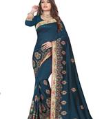 Teal Embroidered Silk Saree With Blouse