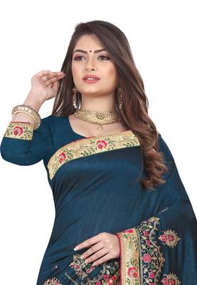 Teal Embroidered Silk Saree With Blouse 2