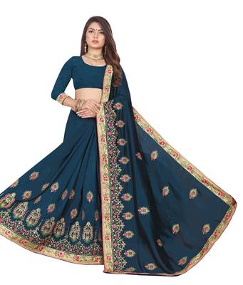 Teal Embroidered Silk Saree With Blouse 3